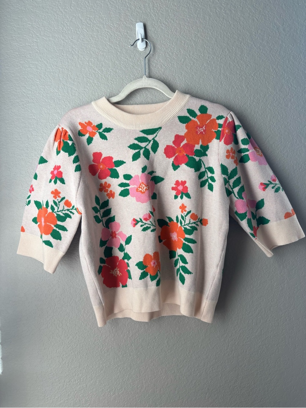 THML Cream Knit Crewneck Sweater with Coral and Pink Floral Motif